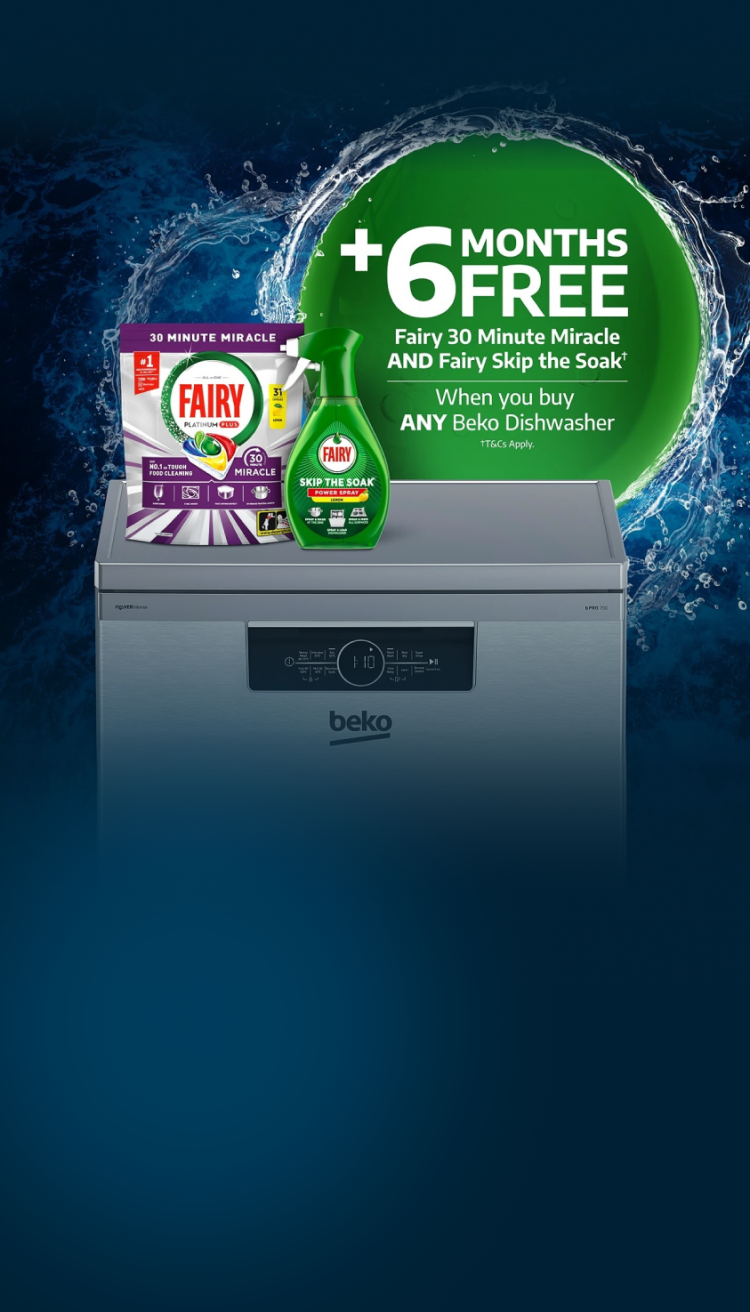 Plus 6 months free Fairy Platinum plus (T&Cs apply) when you buy any Beko Dishwasher