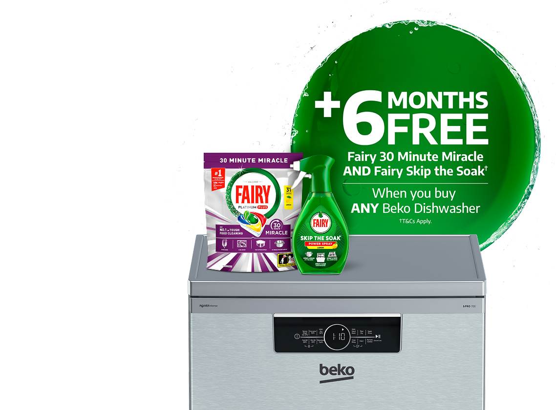 Plus 6 months free Fairy Platinum plus (T&Cs apply) when you buy any Beko Dishwasher