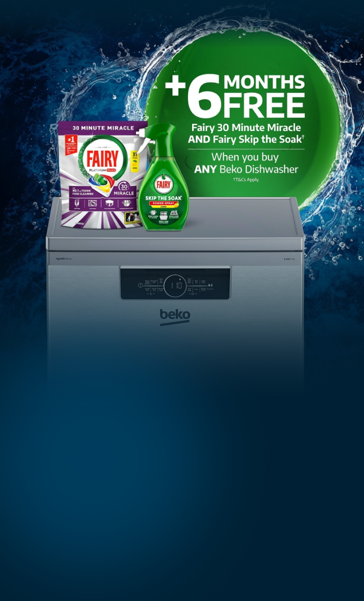 Plus 6 months free Fairy Platinum plus (T&Cs apply) when you buy any Beko Dishwasher
