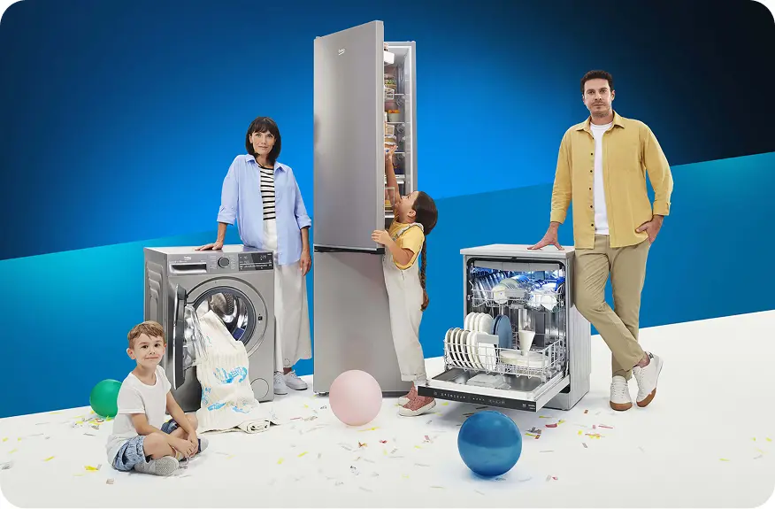 A family photoshoot displaying Beko products