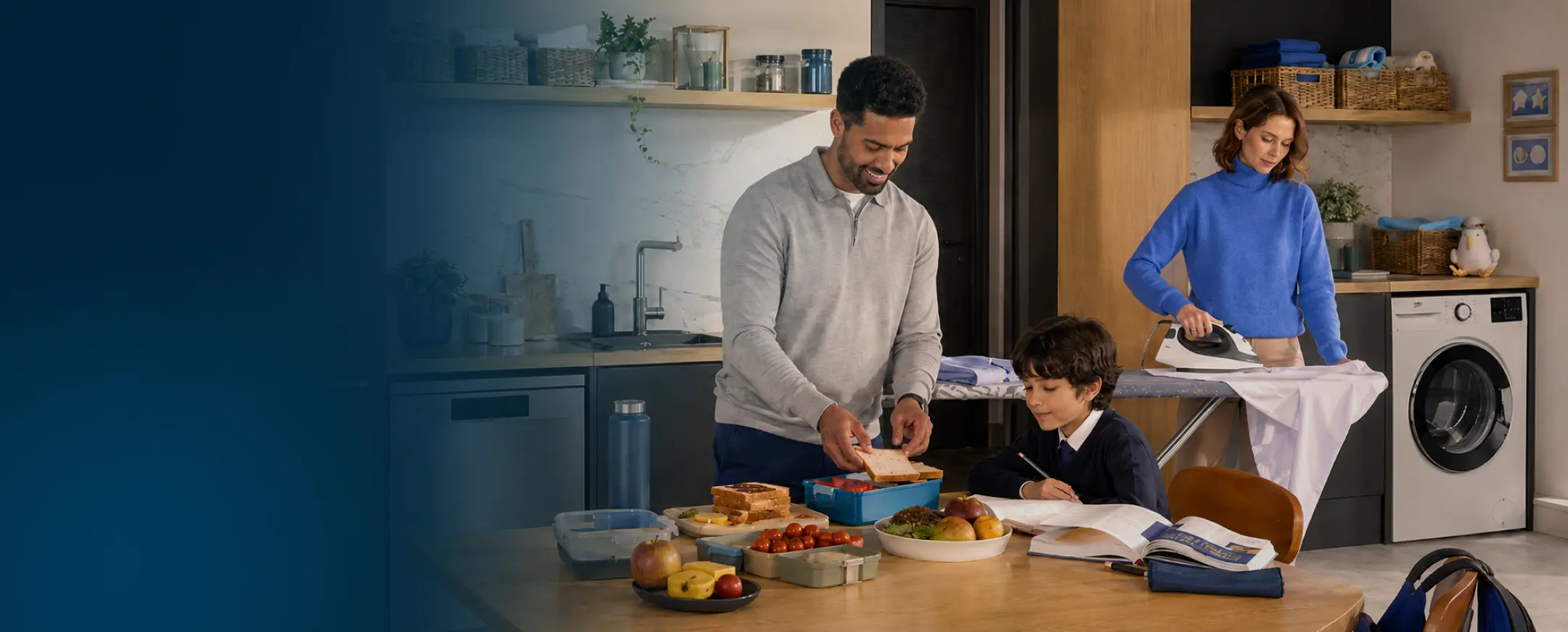 A family in the kitchen making breakfast and ironing laundry