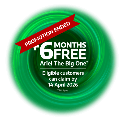 Plus 6 months free Ariel The Big One (T&Cs apply) when you buy any Beko EnergySpin Washing Machine or Washer Dryer
