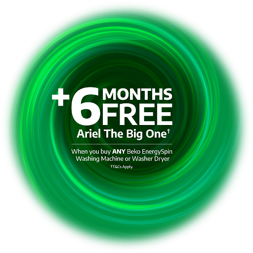 Plus 6 months free Ariel The Big One (T&Cs apply) when you buy any Beko EnergySpin Washing Machine or Washer Dryer