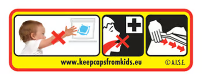 A safety notice warning the dangers of children eating washing machine tablets. https://www.keepcapsfromkids.eu/
