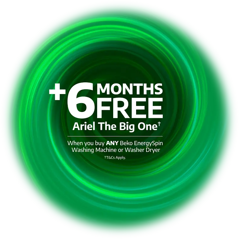 A young child playing in a laundry basket, plus 6 months free Ariel The Big One (T&Cs apply) when you buy any Beko EnergySpin Washing Machine or Washer Dryer