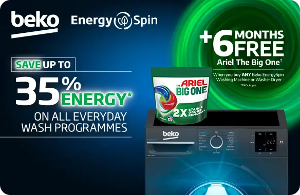 Beko, Energy Spin brand. Plus 6 months free Ariel The Big One (T&Cs apply) when you buy any Beko EnergySpin Washing Machine or Washer Dryer. Save up to 35% energy on all everyday wash programmes
