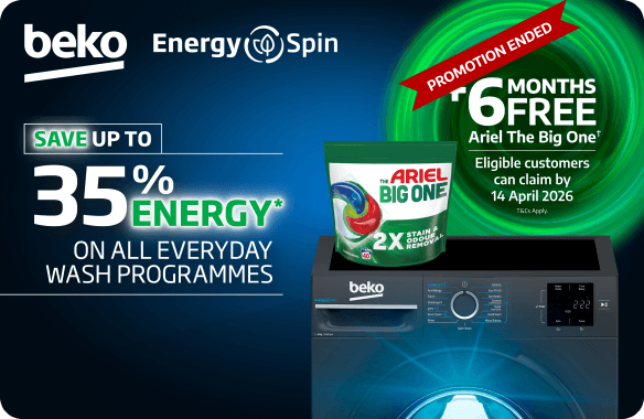 Beko, Energy Spin brand. Plus 6 months free Ariel The Big One (T&Cs apply) when you buy any Beko EnergySpin Washing Machine or Washer Dryer. Save up to 35% energy on all everyday wash programmes