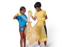 Two children recycling plastic bottles
