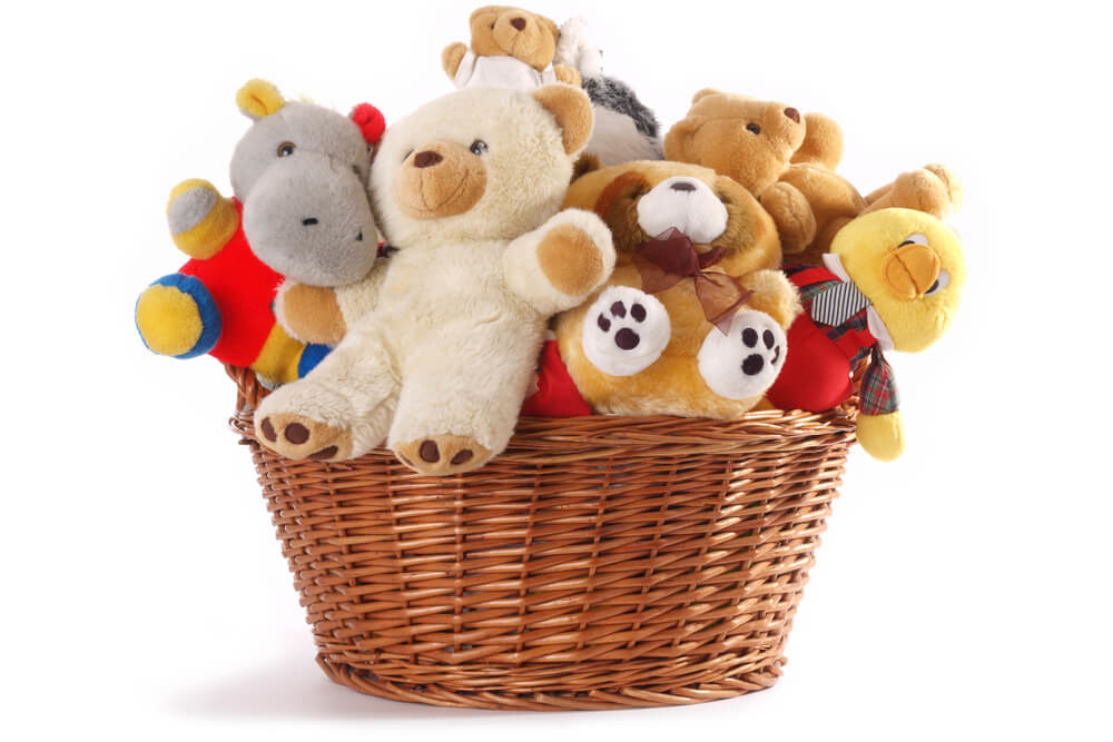 basket with collection of teddy bears