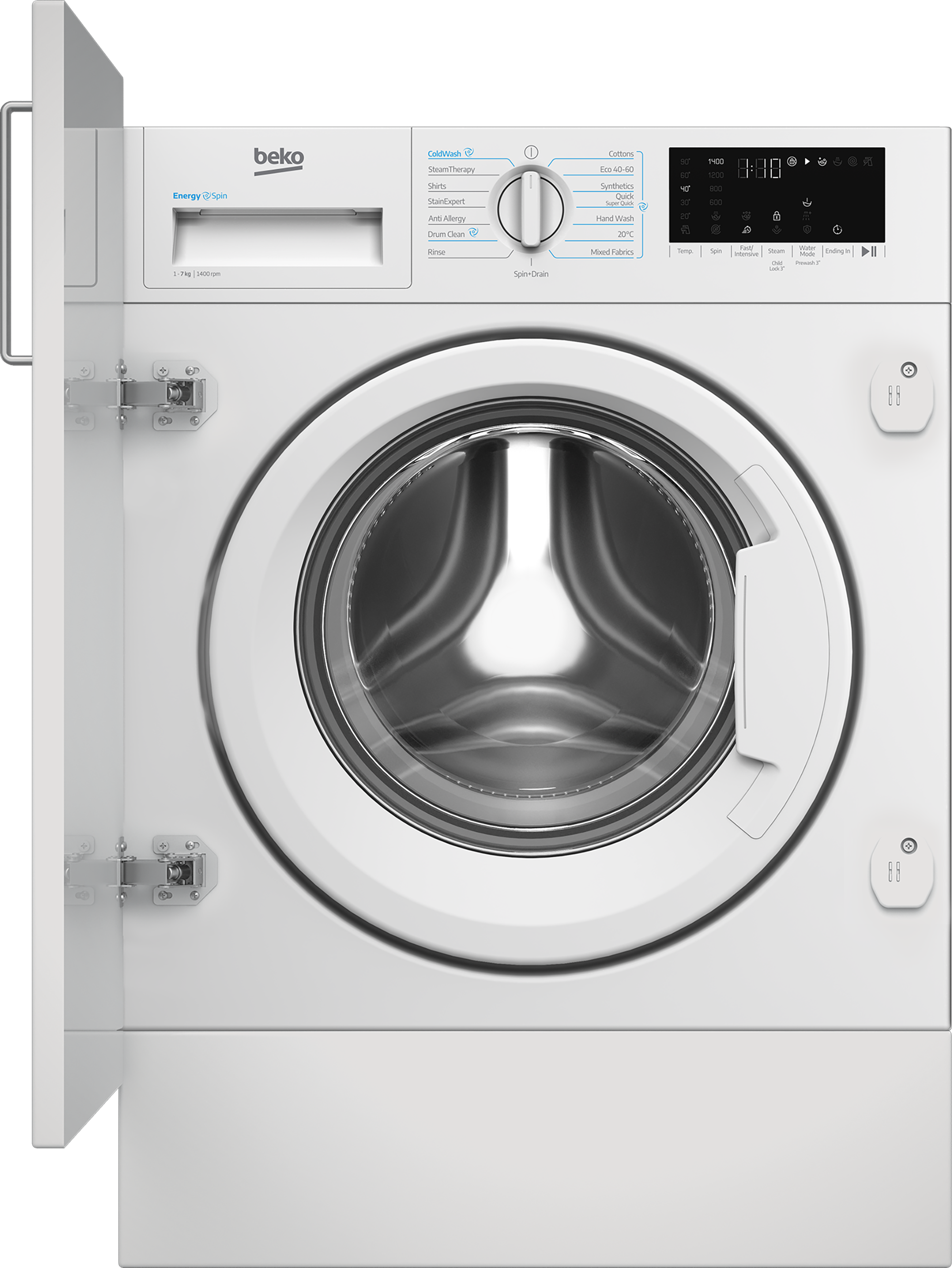 Beko WTIK741511 integrated washing machine with furniture door open — manufacturer product image