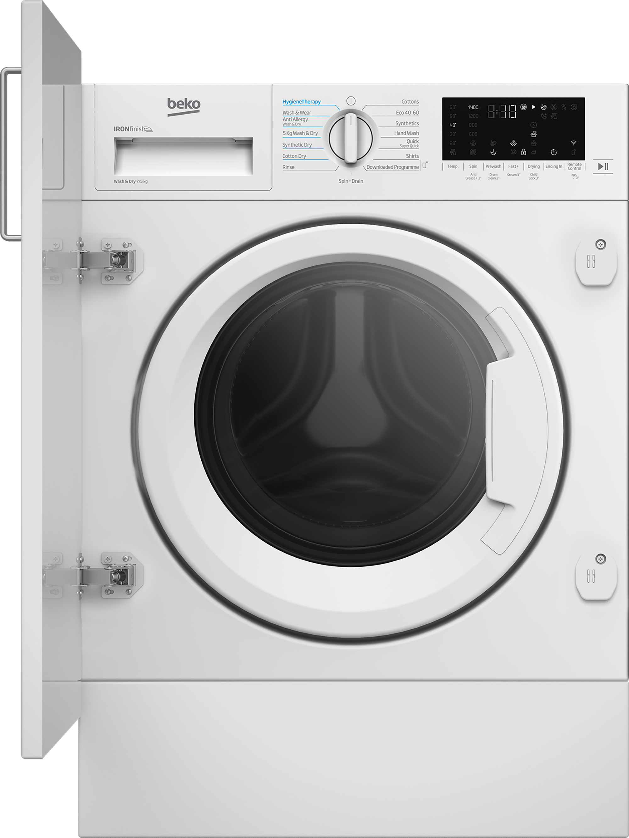 Beko WDIK754411 white integrated 7kg/5kg washer dryer with cabinet hinges visible