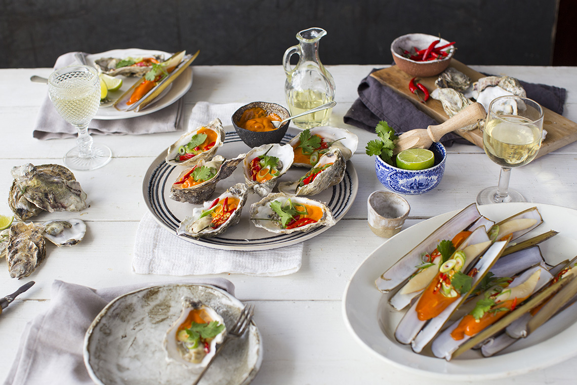 Razor Clams And Oysters Motoyaki With Gojuchang And Lime