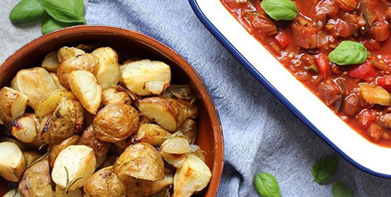 Sicilian Caponata With Rosemary Roasted New Potatoes