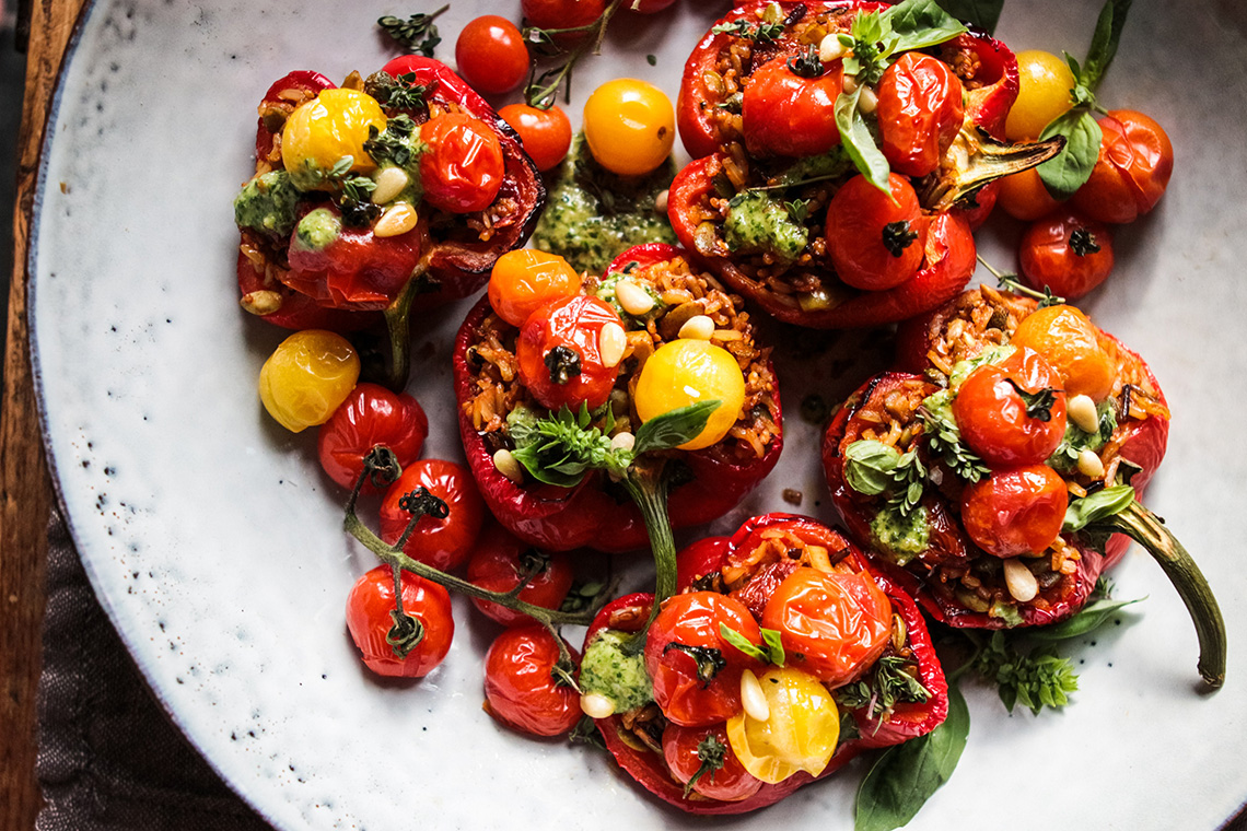 Stuffed Red Peppers With Rice, Pesto And Roast Tomatoes