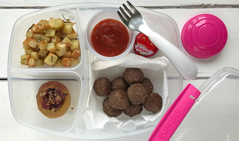meatballs and potato in school lunch box