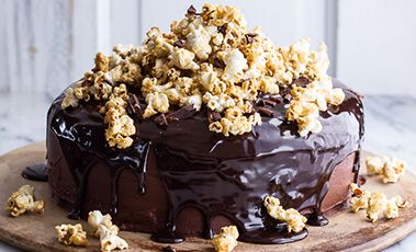 chocolate cake with popcorn on top